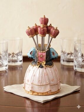 Rare Vintage Japanese Princess Cocktail Pick Set • MCM Kitsch Barware Pink Gold